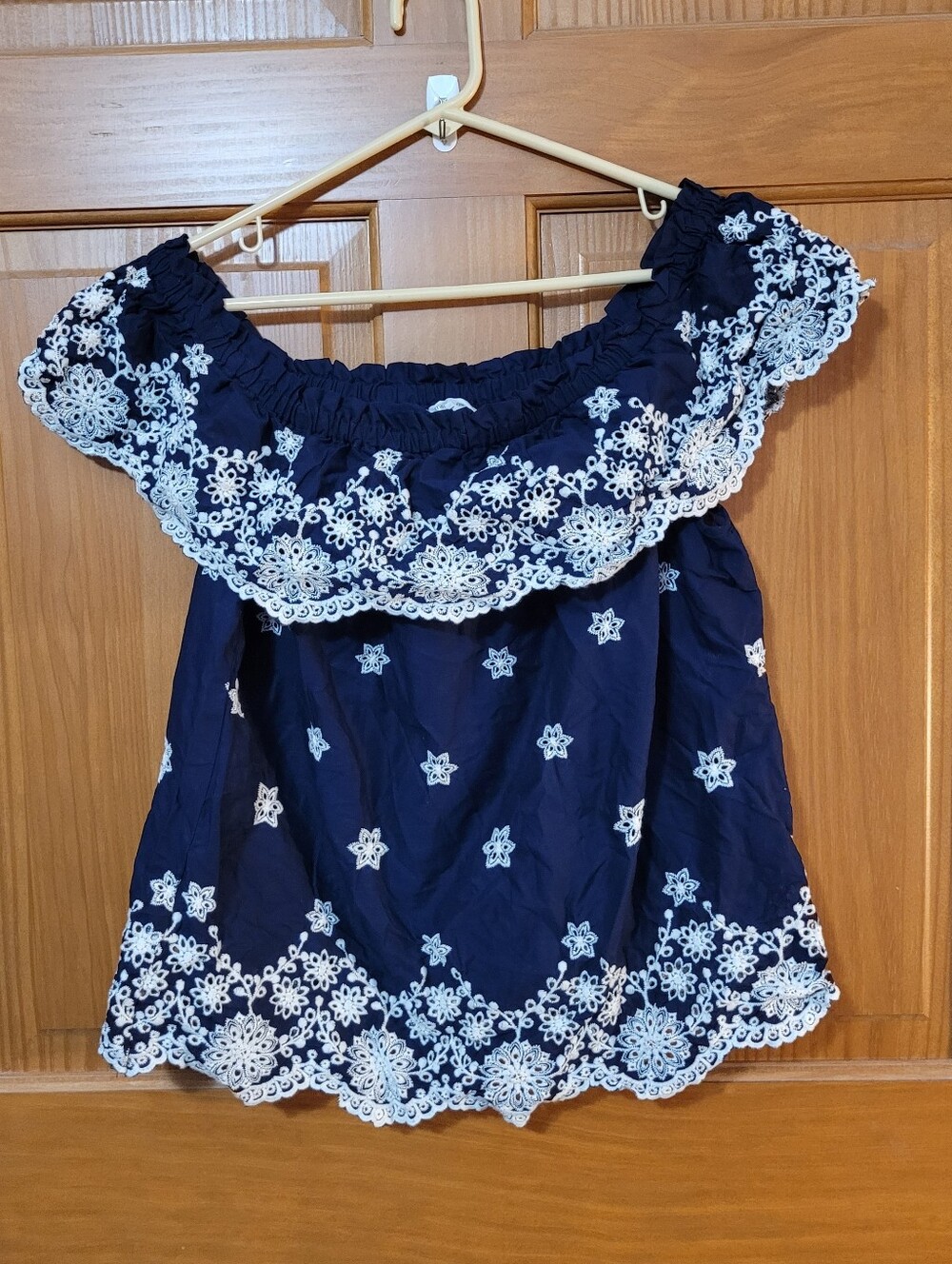 Maurices Embroidered Off-The-Shoulder Blouse Womens L Navy Floral Detail